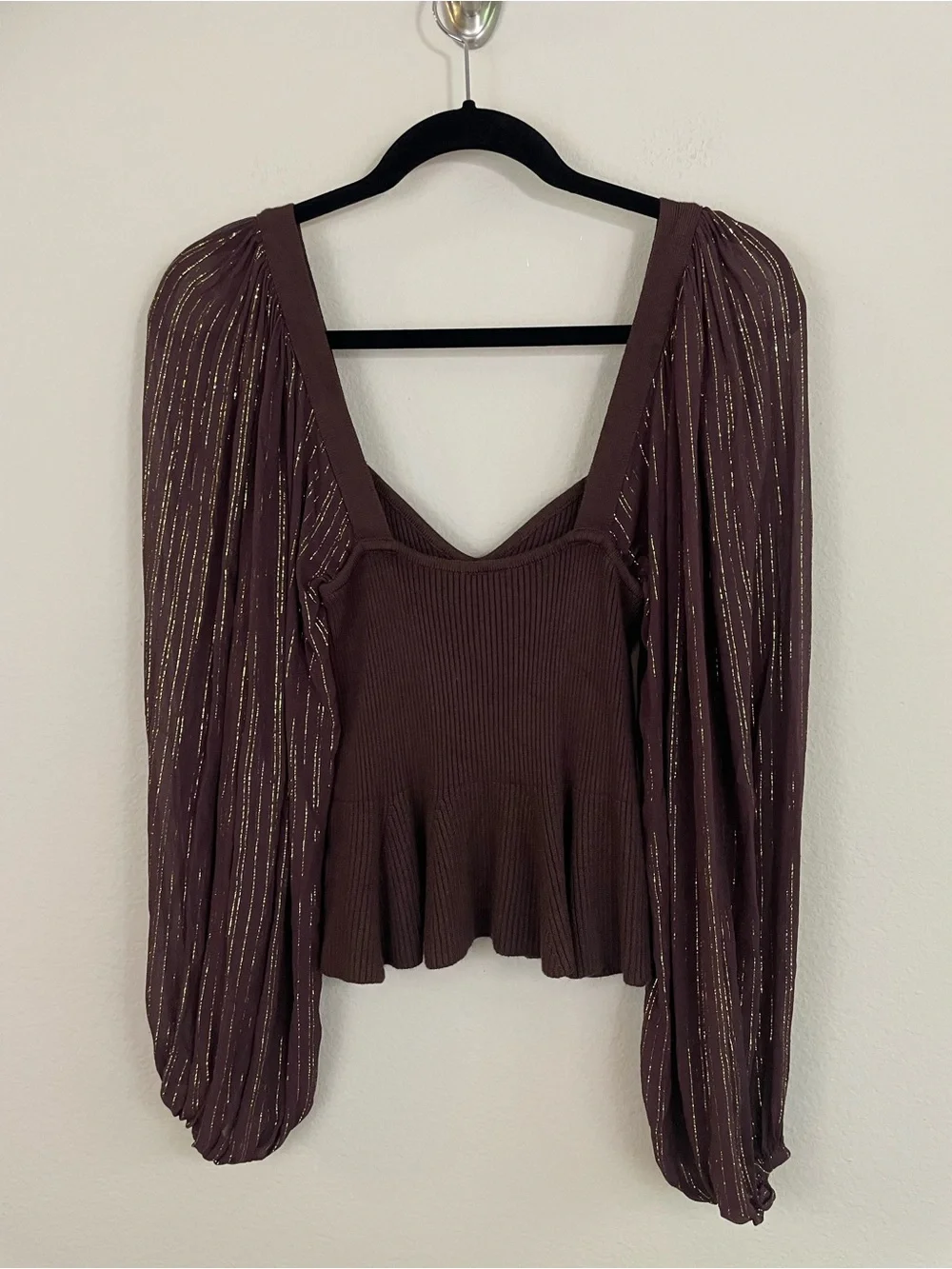 Anthropologie Bl-nk Peplum Twofer Sweater Top Balloon Sleeves Brown Size Small
